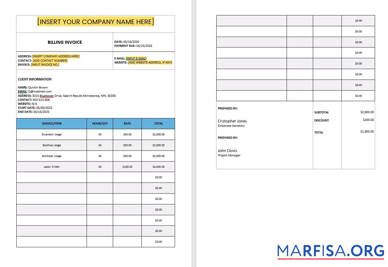 Blank Construction Billing Invoice Template